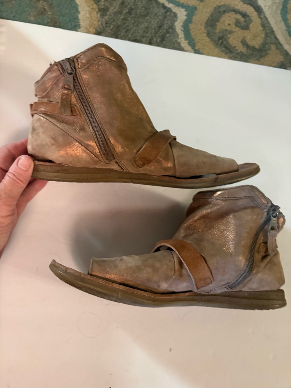 Miz Mooz Finney Metallic Bronze Open-Toe Zip Ankle Sandals